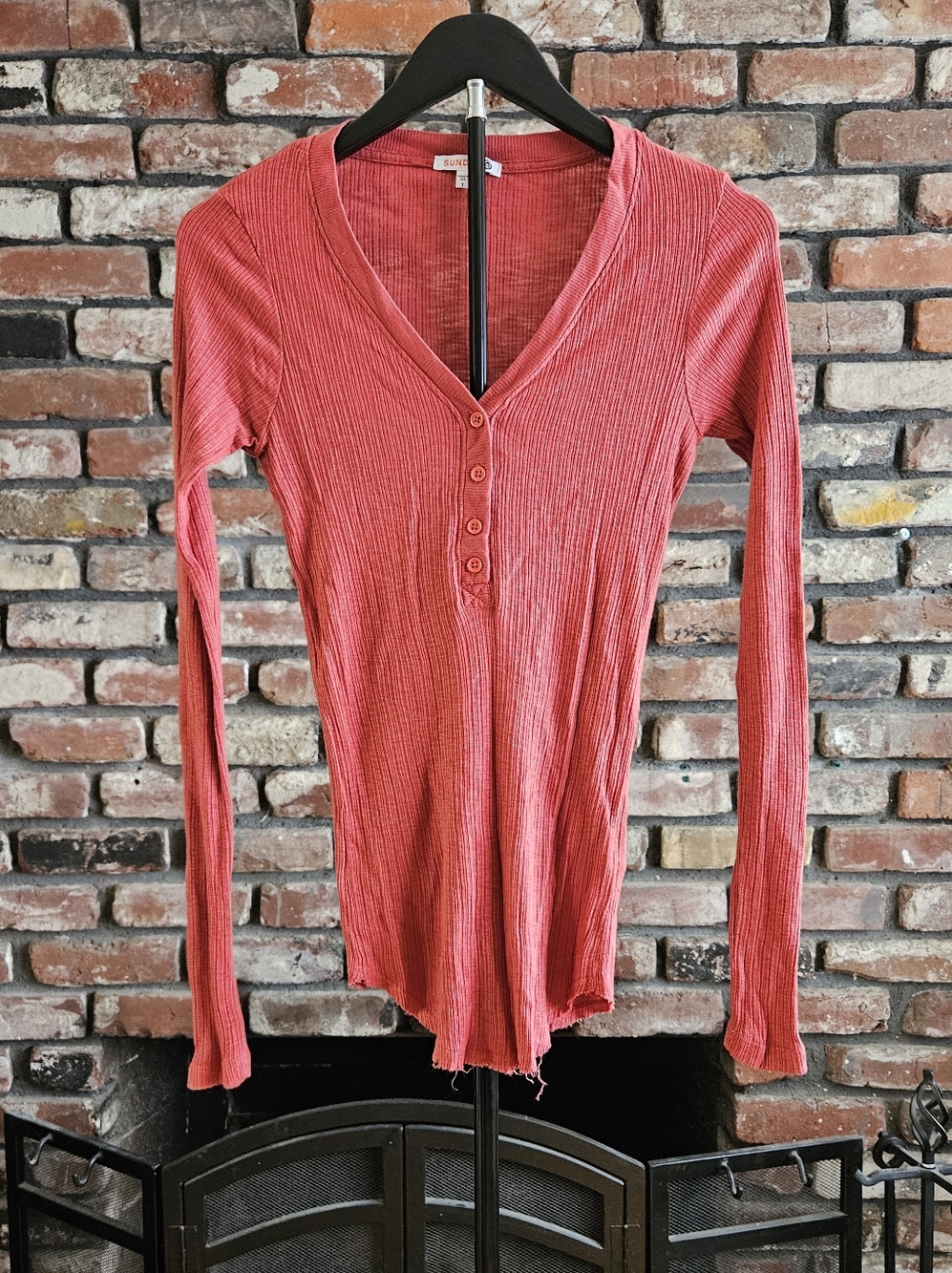 Sundry Coral Ribbed V-Neck Henley Long Sleeve Top